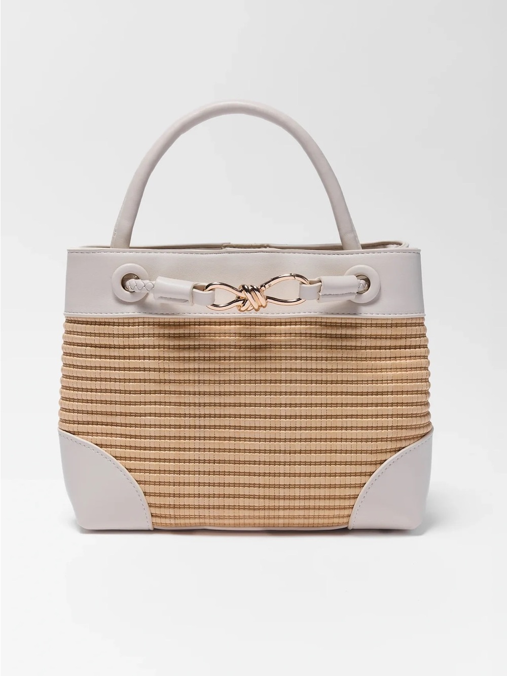 Neutral Straw-Textured Tote with White Trim